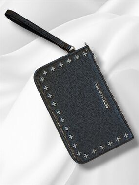 Rodan + Fields Black Pebbled Faux Leather Studded Wristlet Clutch Wallet Bag